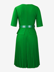 V Neck Short Sleeves Belted Pleated Midi Work Dress