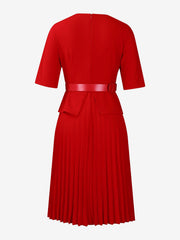V Neck Short Sleeves Belted Pleated Midi Work Dress