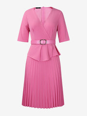 V Neck Short Sleeves Belted Pleated Midi Work Dress