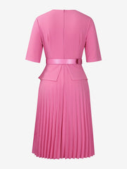 V Neck Short Sleeves Belted Pleated Midi Work Dress