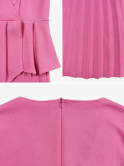 V Neck Short Sleeves Belted Pleated Midi Work Dress