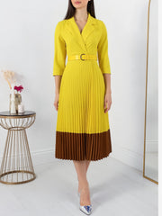 Notched Lapel Colorblock Belted Pleated Midi Dress