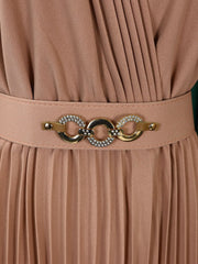 V Neck Long Sleeves Belted Pleated Midi Dress