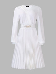 V Neck Long Sleeves Belted Pleated Midi Dress