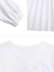 V Neck Long Sleeves Belted Pleated Midi Dress