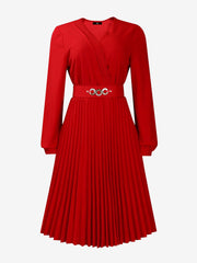 V Neck Long Sleeves Belted Pleated Midi Dress