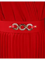 V Neck Long Sleeves Belted Pleated Midi Dress
