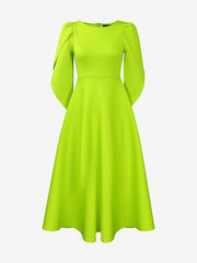 Round Neck Puff 3/4 Sleeves A-Line Midi Dress
