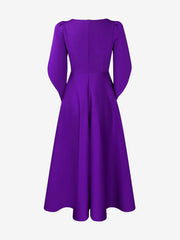 Round Neck Puff 3/4 Sleeves A-Line Midi Dress