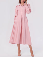 Solid Color Puff Long Sleeves Midi A-Line Shirt Dress