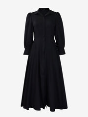 Solid Color Puff Long Sleeves Midi A-Line Shirt Dress