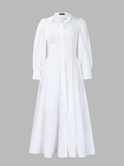 Solid Color Puff Long Sleeves Midi A-Line Shirt Dress