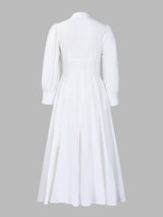 Solid Color Puff Long Sleeves Midi A-Line Shirt Dress