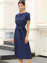 Work Casual Short Sleeve Ruched Crew Neck A-Line Belted Dress