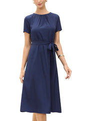Work Casual Short Sleeve Ruched Crew Neck A-Line Belted Dress
