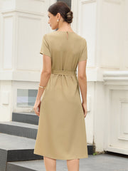 Work Casual Short Sleeve Ruched Crew Neck A-Line Belted Dress