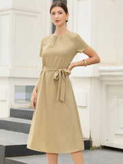 Work Casual Short Sleeve Ruched Crew Neck A-Line Belted Dress