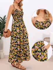 Smocked Floral Spaghetti Strap Pocketed Long Sun Dress