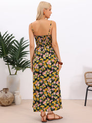 Smocked Floral Spaghetti Strap Pocketed Long Sun Dress