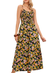 Smocked Floral Spaghetti Strap Pocketed Long Sun Dress
