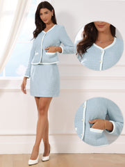 2 Piece Outfits Plaid Tweed Cropped Blazer Jacket & Mini Skirt Suit Set