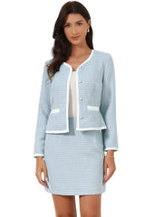 2 Piece Outfits Plaid Tweed Cropped Blazer Jacket & Mini Skirt Suit Set