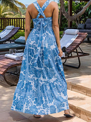 Floral Sleeveless Backless Smocked Tiered Pocket Dress