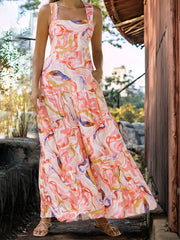 Floral Sleeveless Backless Smocked Tiered Pocket Dress