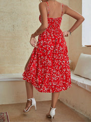 Spaghetti Strap Floral Smocked Backless Slit Dress
