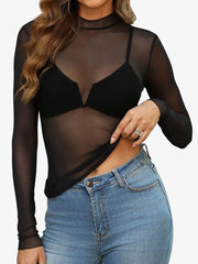 Mock Neck See Through Long Sleeves Mesh Top