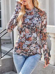 Mock Neck Long Sleeve Floral Mesh Casual Blouse