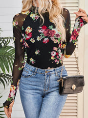 Mock Neck Long Sleeve Floral Mesh Casual Blouse