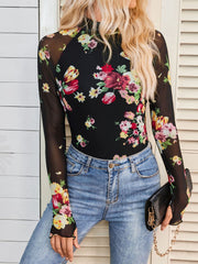 Mock Neck Long Sleeve Floral Mesh Casual Blouse