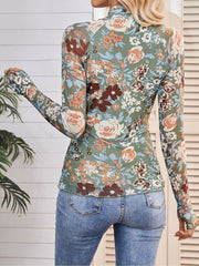 Mock Neck Long Sleeve Floral Mesh Casual Blouse