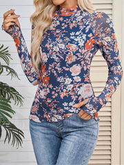 Mock Neck Long Sleeve Floral Mesh Casual Blouse