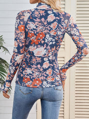 Mock Neck Long Sleeve Floral Mesh Casual Blouse