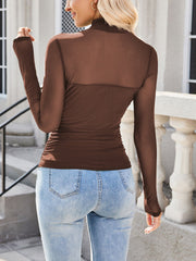 Solid Color Mock Neck Mesh Sheer Long Sleeve Blouse