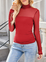 Solid Color Mock Neck Mesh Sheer Long Sleeve Blouse
