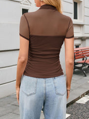 Mock Neck Mesh Sheer Short Sleeves Blouse