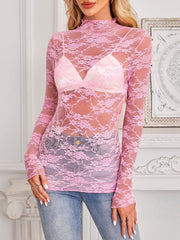Lace See Through Mock Neck Long Sleeves Blouse