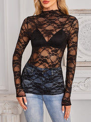 Lace See Through Mock Neck Long Sleeves Blouse