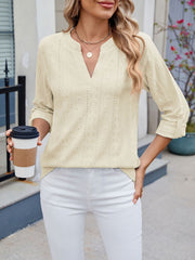Textured Eyelet Notch Neck Rolled Sleeves Blouse