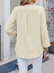 Textured Eyelet Notch Neck Rolled Sleeves Blouse