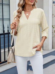 Textured Eyelet Notch Neck Rolled Sleeves Blouse
