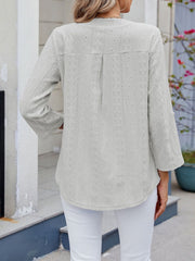 Textured Eyelet Notch Neck Rolled Sleeves Blouse