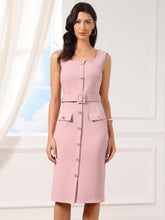 Sleeveless Square Neck Formal Belted Midi Work Dress