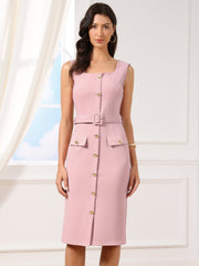 Sleeveless Square Neck Formal Belted Midi Work Dress