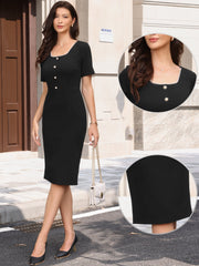 Short Sleeve Square Neck Button Business Work Casual Sheath Dress