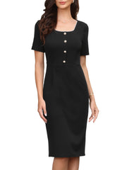 Short Sleeve Square Neck Button Business Work Casual Sheath Dress