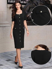 Work Square Neck Button Down Short Sleeve Sheath Dress with Belt
